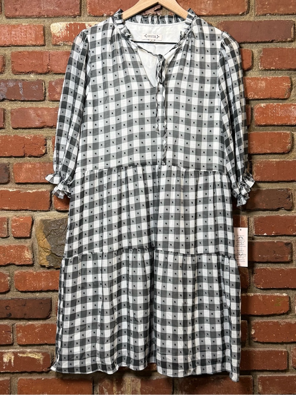 NWT Nanette Lepore BLACK Gingham Tiered Dress Wm 8 Tassel Neck Tie 3/4 Sleeve‎
